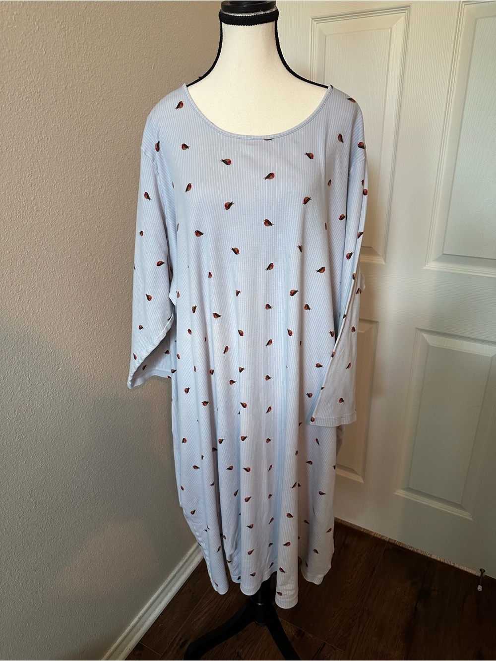 Lands End Light Blue striped Long Sleeve midcalf nightgown size 3X, Cotton, EUC